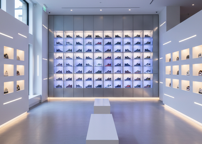 Modern interior with white walls and floor, featuring shelves with products.
